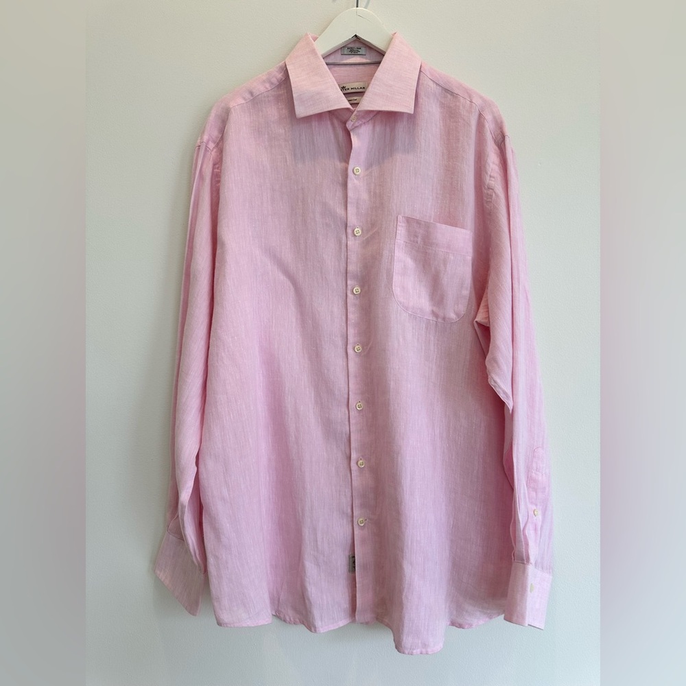 Mens Peter Millar Pink Linen Long Sleeve Button Down Shirt XL